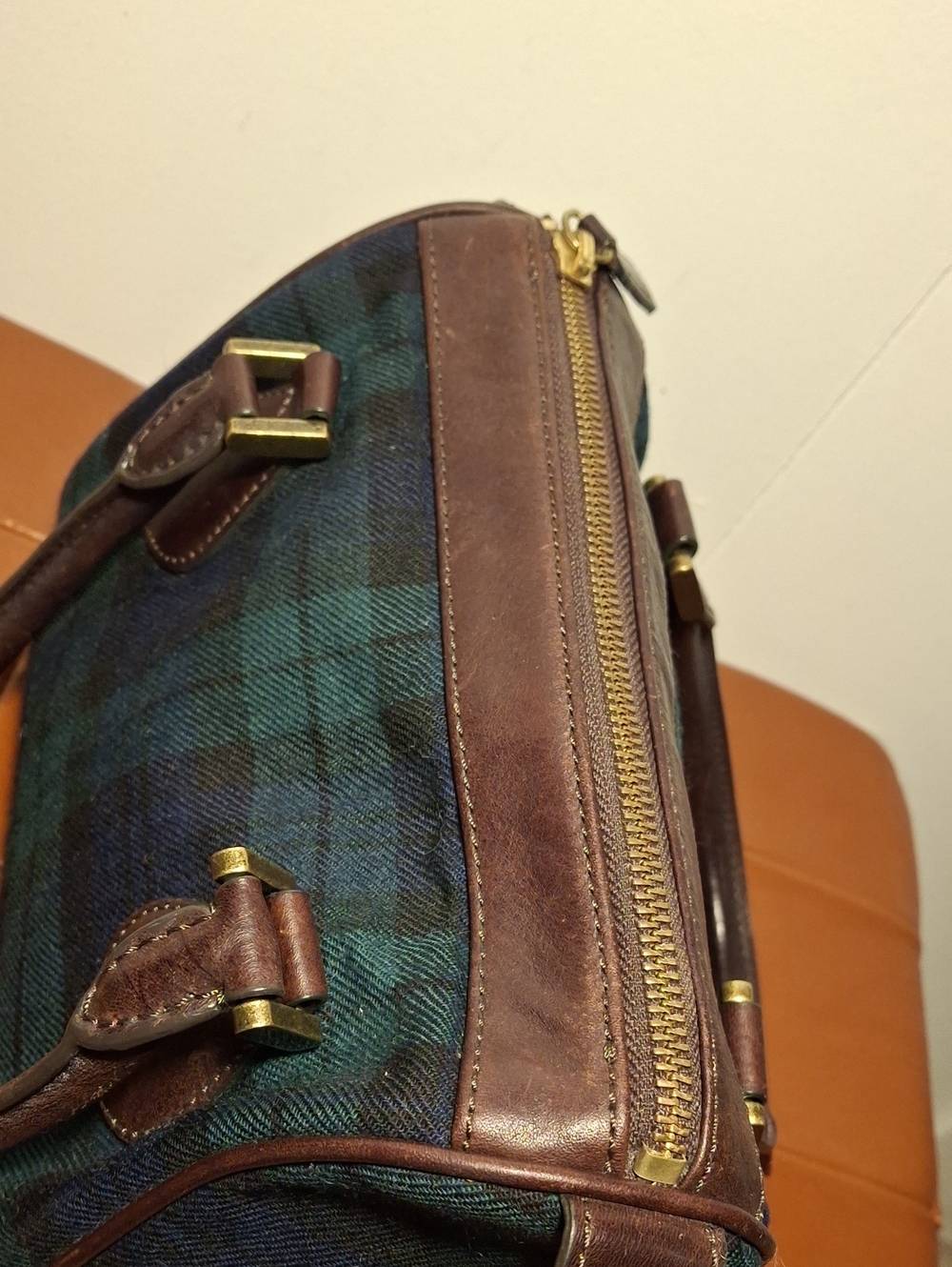 J.Crew Brown Leather-Trim Green Plaid Men’s Weekender Bag - Picture 4 of 9